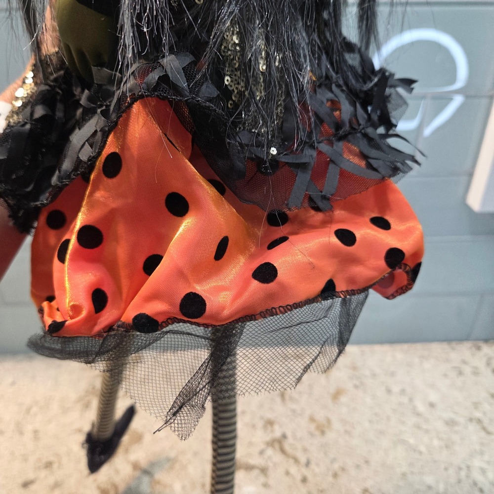 Halloween Shelf Sitter Witch Doll 30" Green Face Sequin Tulle Dress Spider - Picture 8 of 14